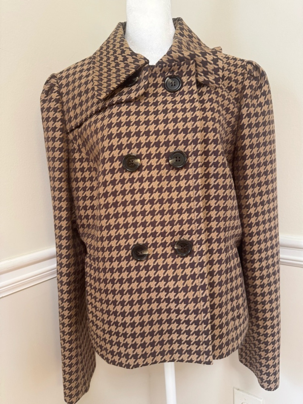 Nine West Brown Houndstooth Double-Breasted Pea Coat - Picture 2 of 16